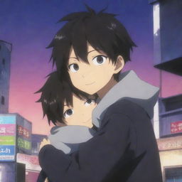 An anime scene showing a mischievous boy with dark, mysterious features, enveloping another boy in a comforting embrace against a complex, vibrant backdrop.