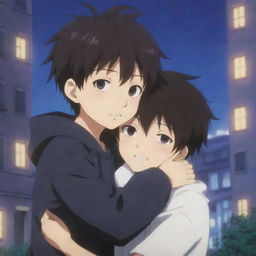 An anime scene showing a mischievous boy with dark, mysterious features, enveloping another boy in a comforting embrace against a complex, vibrant backdrop.