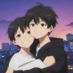 An anime scene showing a mischievous boy with dark, mysterious features, enveloping another boy in a comforting embrace against a complex, vibrant backdrop.