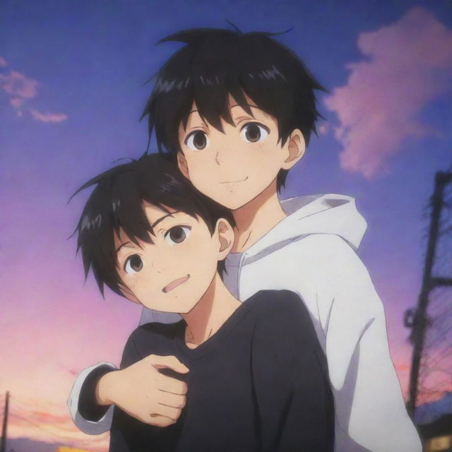 An anime scene showing a mischievous boy with dark, mysterious features, enveloping another boy in a comforting embrace against a complex, vibrant backdrop.