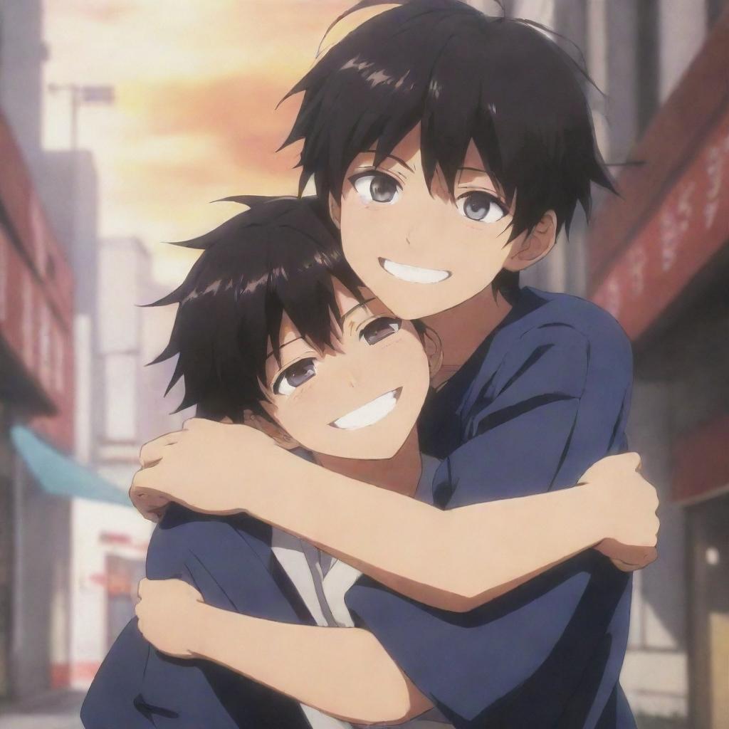 A striking anime scene featuring a boy with a devious smile and expressive eyes, wrapping his arms around another boy in a hug, set in a dynamic, intricate backdrop.