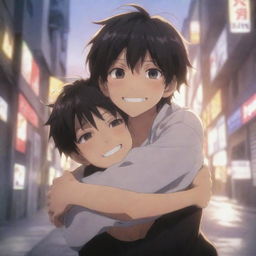 A striking anime scene featuring a boy with a devious smile and expressive eyes, wrapping his arms around another boy in a hug, set in a dynamic, intricate backdrop.