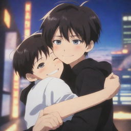 A striking anime scene featuring a boy with a devious smile and expressive eyes, wrapping his arms around another boy in a hug, set in a dynamic, intricate backdrop.