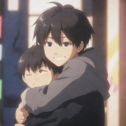 A striking anime scene featuring a boy with a devious smile and expressive eyes, wrapping his arms around another boy in a hug, set in a dynamic, intricate backdrop.