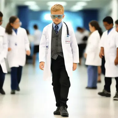 The trendy scientist rocked a lab coat and safety goggles as they strutted through the science laboratory runway.