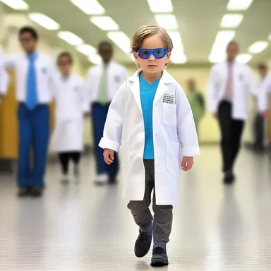 The trendy scientist rocked a lab coat and safety goggles as they strutted through the science laboratory runway.