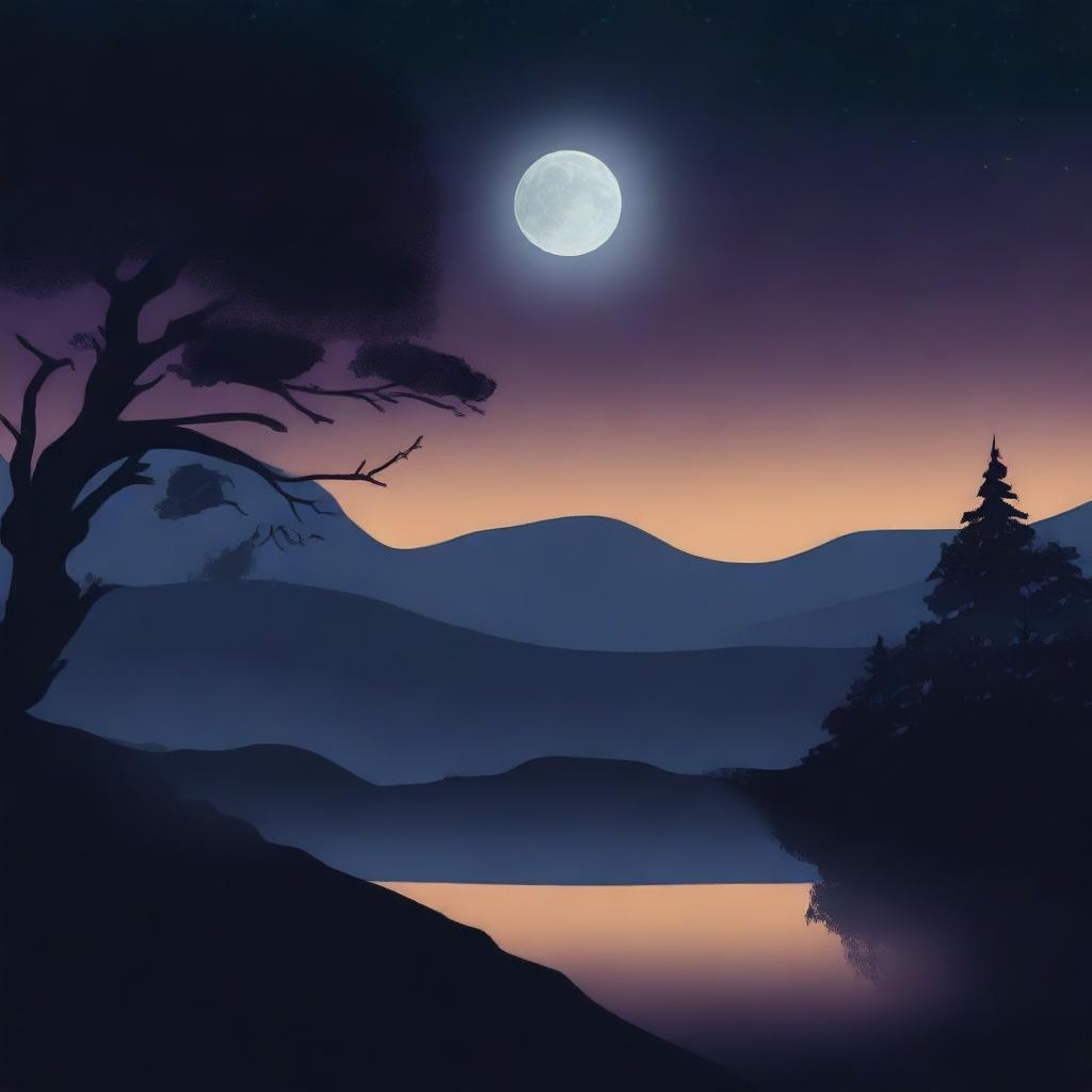 A high-quality digital art image, capturing a nighttime scene with a radiant moon illuminating the backdrop