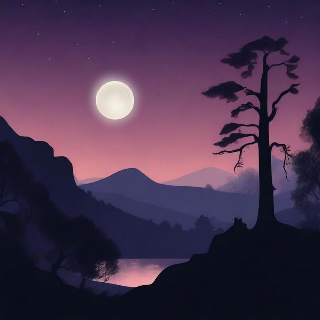 A high-quality digital art image, capturing a nighttime scene with a radiant moon illuminating the backdrop