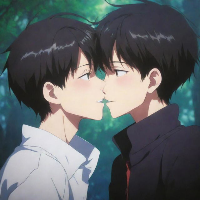 A captivating anime scene depicting a boy with a mysterious evil smile, gently kissing another boy on the cheek. The setting is vibrant, intricate and emotionally stirring.