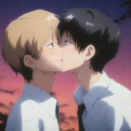 An intense anime scene featuring a character with a reputation of being a 'psycho', displaying a softer side as he gently kisses another boy, against a fittingly dramatic and stylized backdrop.