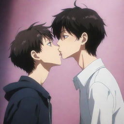 An intense anime scene featuring a character with a reputation of being a 'psycho', displaying a softer side as he gently kisses another boy, against a fittingly dramatic and stylized backdrop.