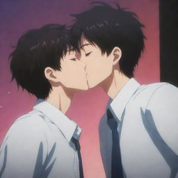 An intense anime scene featuring a character with a reputation of being a 'psycho', displaying a softer side as he gently kisses another boy, against a fittingly dramatic and stylized backdrop.