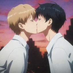 An intense anime scene featuring a character with a reputation of being a 'psycho', displaying a softer side as he gently kisses another boy, against a fittingly dramatic and stylized backdrop.