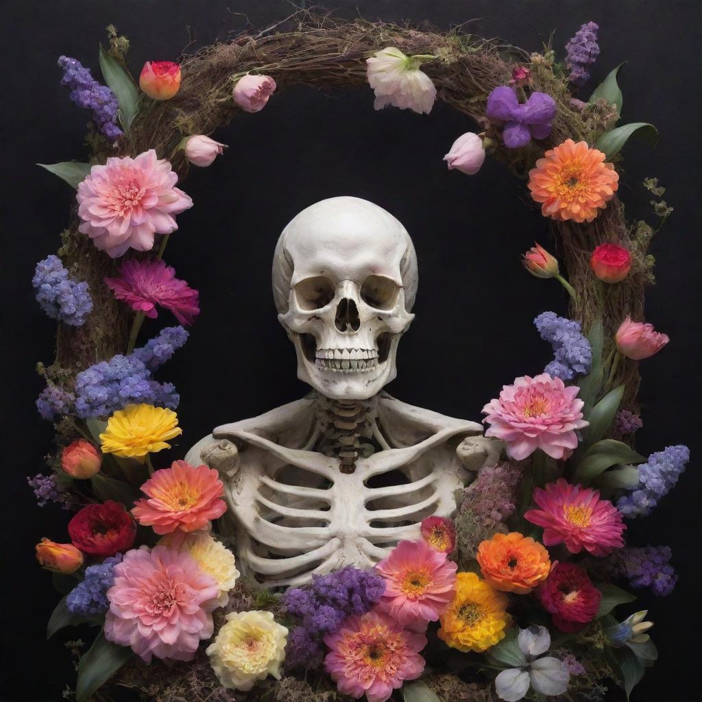 A mystical representation of the concept 'Death is the beginning'. Portray Death as a gentle figure, surrounded by vibrant, blooming life symbolizing rebirth or a new beginning.