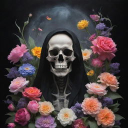 A mystical representation of the concept 'Death is the beginning'. Portray Death as a gentle figure, surrounded by vibrant, blooming life symbolizing rebirth or a new beginning.