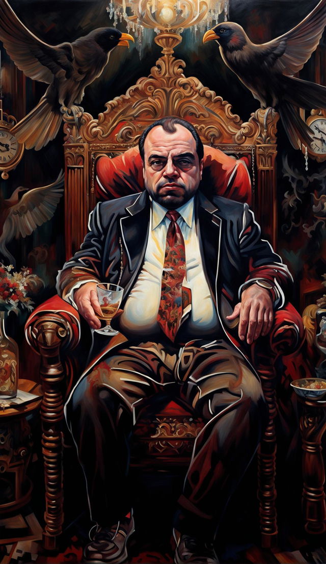 Baroque-style painting of Tony Soprano in a suit, seated on an ornate chair, with a cigar and a glass of whiskey. The background features heavy drapes, a chandelier, a grandfather clock, and an antique desk.