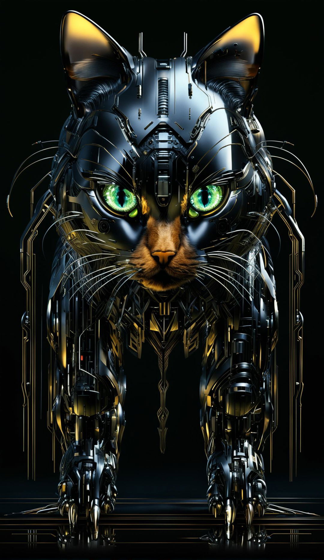 A cyber-organic cat with sleek metallic and soft fur body, glass eyes filled with intricate circuits, and limbs combining muscle and machinery. Its paws are tipped with crystal-clear glass claws and its tail moves with robotic precision.