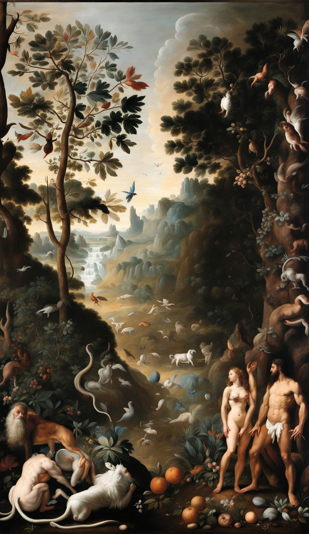 Baroque-style painting of Adam and Eve in the Garden of Eden with lush greenery, vibrant flowers, various animals, and the Tree of Knowledge with a serpent coiled around it.