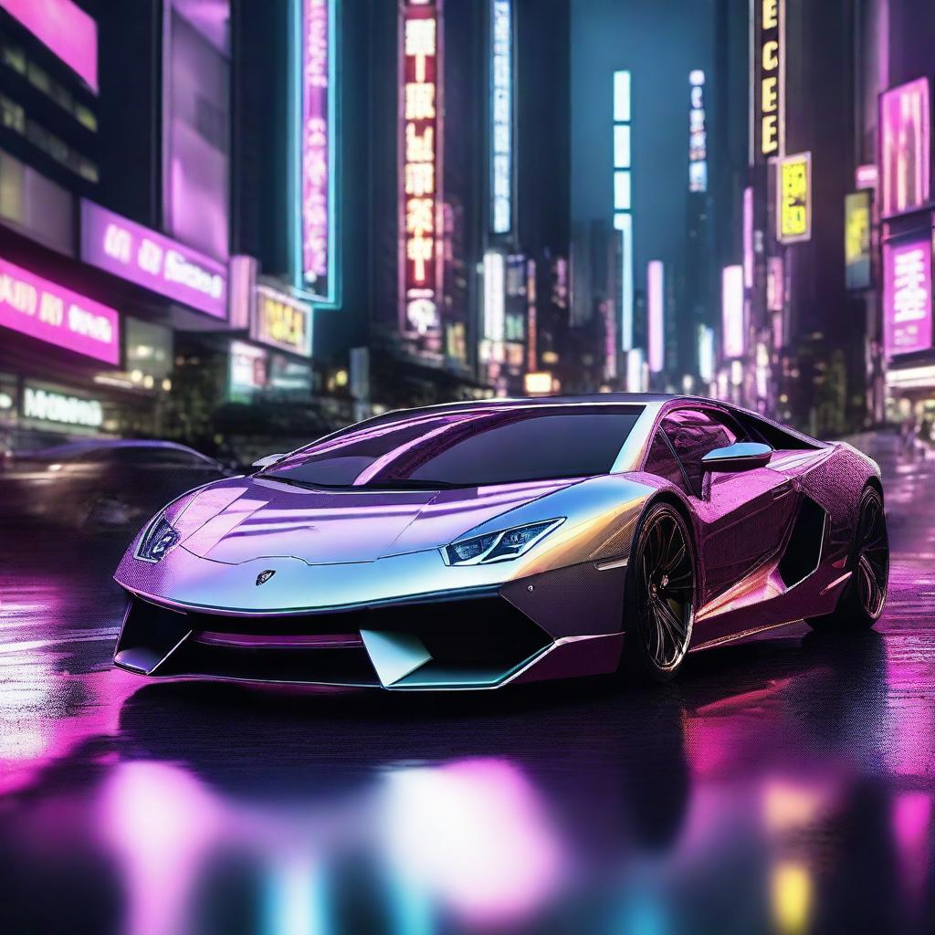 A high-quality digital rendering showcasing a sleek, futuristic Lamborghini in gleaming silver, parked amidst the neon-lit streets of Tokyo at night