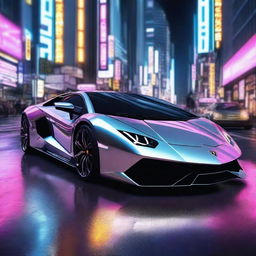 A high-quality digital rendering showcasing a sleek, futuristic Lamborghini in gleaming silver, parked amidst the neon-lit streets of Tokyo at night