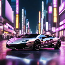 A high-quality digital rendering showcasing a sleek, futuristic Lamborghini in gleaming silver, parked amidst the neon-lit streets of Tokyo at night