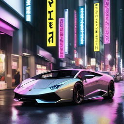 A high-quality digital rendering showcasing a sleek, futuristic Lamborghini in gleaming silver, parked amidst the neon-lit streets of Tokyo at night