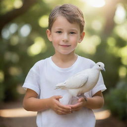 A young boy delicately carrying a pure white dove in his hands, symbolizing peacefulness and hope against a gently shaded background.