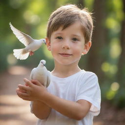 A young boy delicately carrying a pure white dove in his hands, symbolizing peacefulness and hope against a gently shaded background.