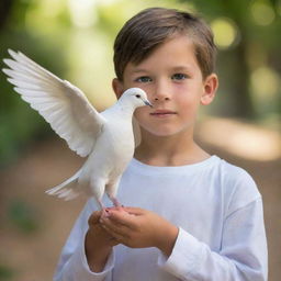 A young boy delicately carrying a pure white dove in his hands, symbolizing peacefulness and hope against a gently shaded background.