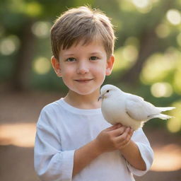 A young boy delicately carrying a pure white dove in his hands, symbolizing peacefulness and hope against a gently shaded background.