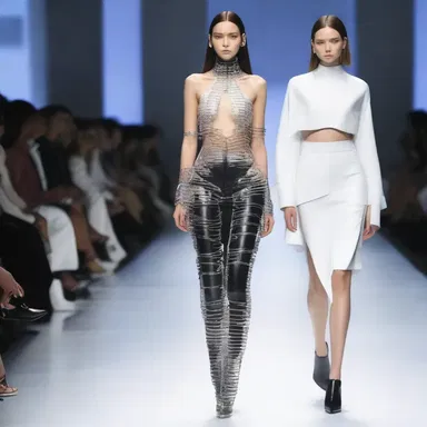 The designer showcased a trendy and futuristic outfit, inspired by the mechanics of a chain printer.