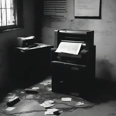 In the eerie darkness, the chain printer in the abandoned office suddenly sprang to life, printing out cryptic messages from beyond the grave.