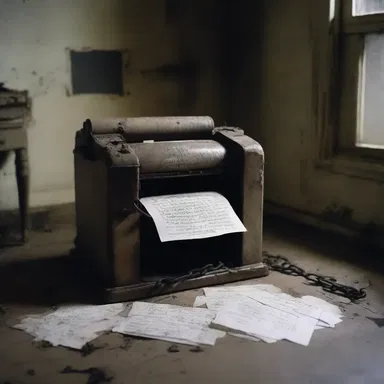 In the eerie darkness, the chain printer in the abandoned office suddenly sprang to life, printing out cryptic messages from beyond the grave.
