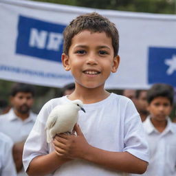 A young boy in casual attire, carrying a gentle, white dove in his hands, signifying hope and change, set against the backdrop of election banners of his leader.