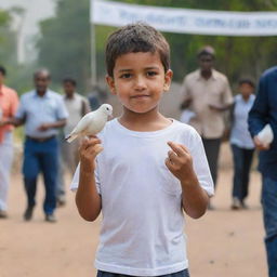 A young boy in casual attire, carrying a gentle, white dove in his hands, signifying hope and change, set against the backdrop of election banners of his leader.