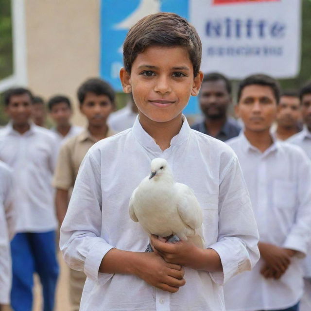 A young boy in casual attire, carrying a gentle, white dove in his hands, signifying hope and change, set against the backdrop of election banners of his leader.