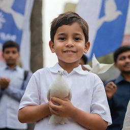 A young boy in casual attire, carrying a gentle, white dove in his hands, signifying hope and change, set against the backdrop of election banners of his leader.