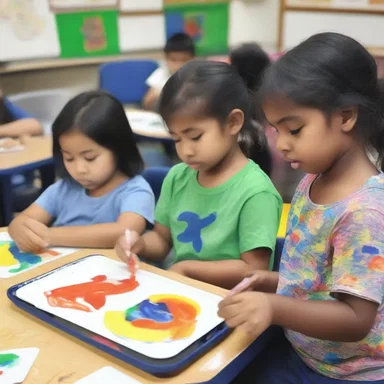 The kindergarten class had a finger-painting session where the children used their fingers to create colorful and abstract art.