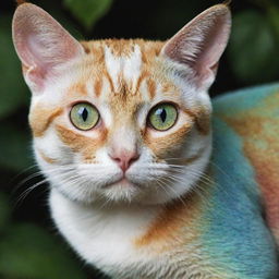 A cat with distinct chameleon features such as vibrant color-changing skin and spherical rotating eyes.