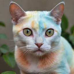 A cat with distinct chameleon features such as vibrant color-changing skin and spherical rotating eyes.