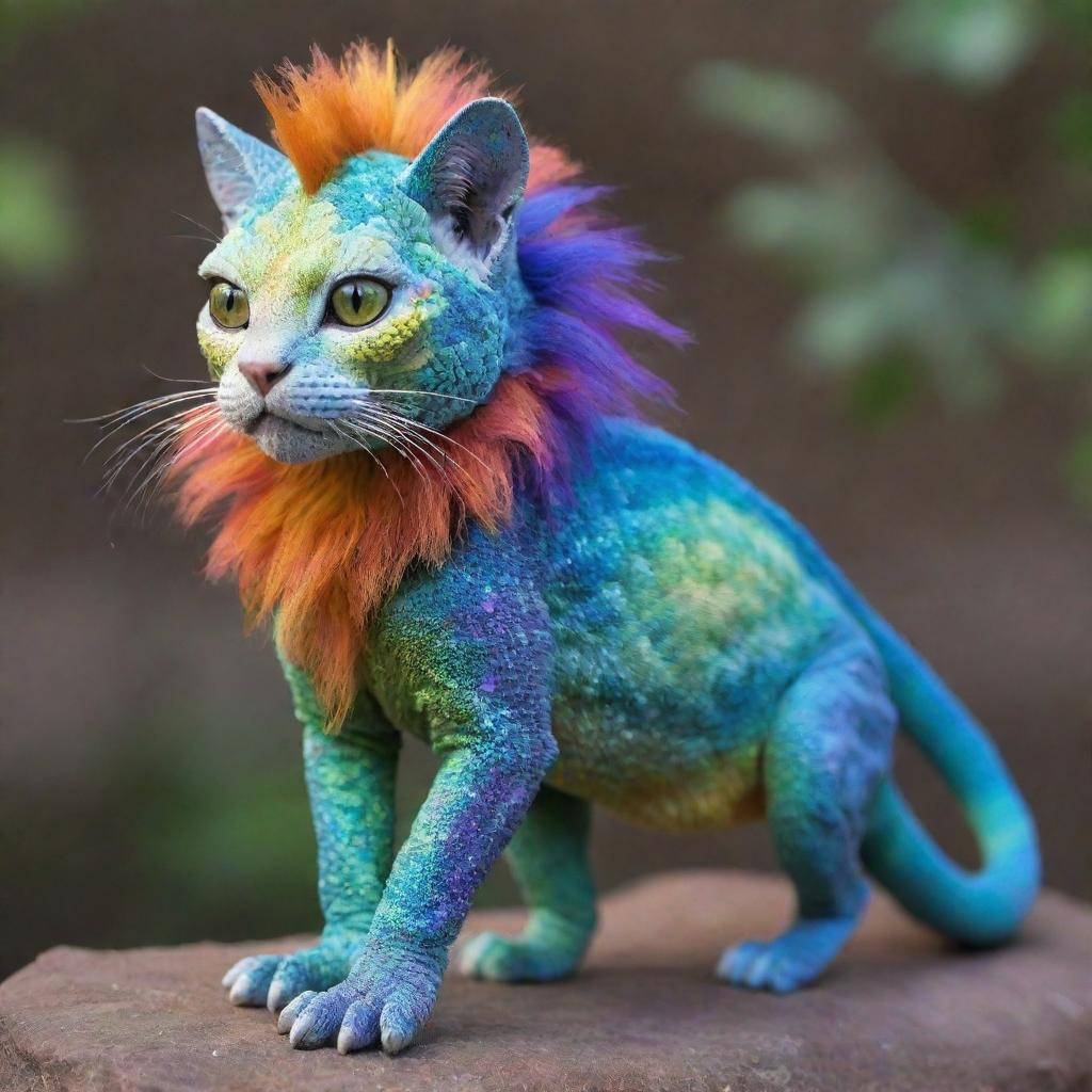 A fusion creature that combines the features of a cat, a chameleon with scales, and a lion, possessing the sleek physique of a cat, unique color-changing scales of a chameleon and the mighty mane of a lion.