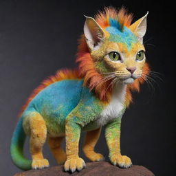 A fusion creature that combines the features of a cat, a chameleon with scales, and a lion, possessing the sleek physique of a cat, unique color-changing scales of a chameleon and the mighty mane of a lion.