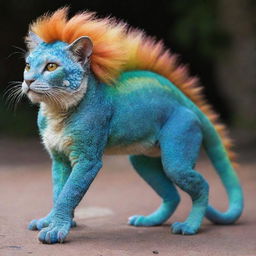 A fusion creature that combines the features of a cat, a chameleon with scales, and a lion, possessing the sleek physique of a cat, unique color-changing scales of a chameleon and the mighty mane of a lion.