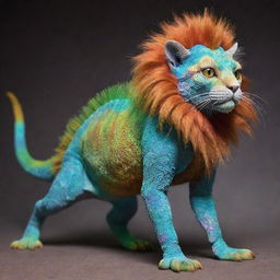 A fusion creature that combines the features of a cat, a chameleon with scales, and a lion, possessing the sleek physique of a cat, unique color-changing scales of a chameleon and the mighty mane of a lion.