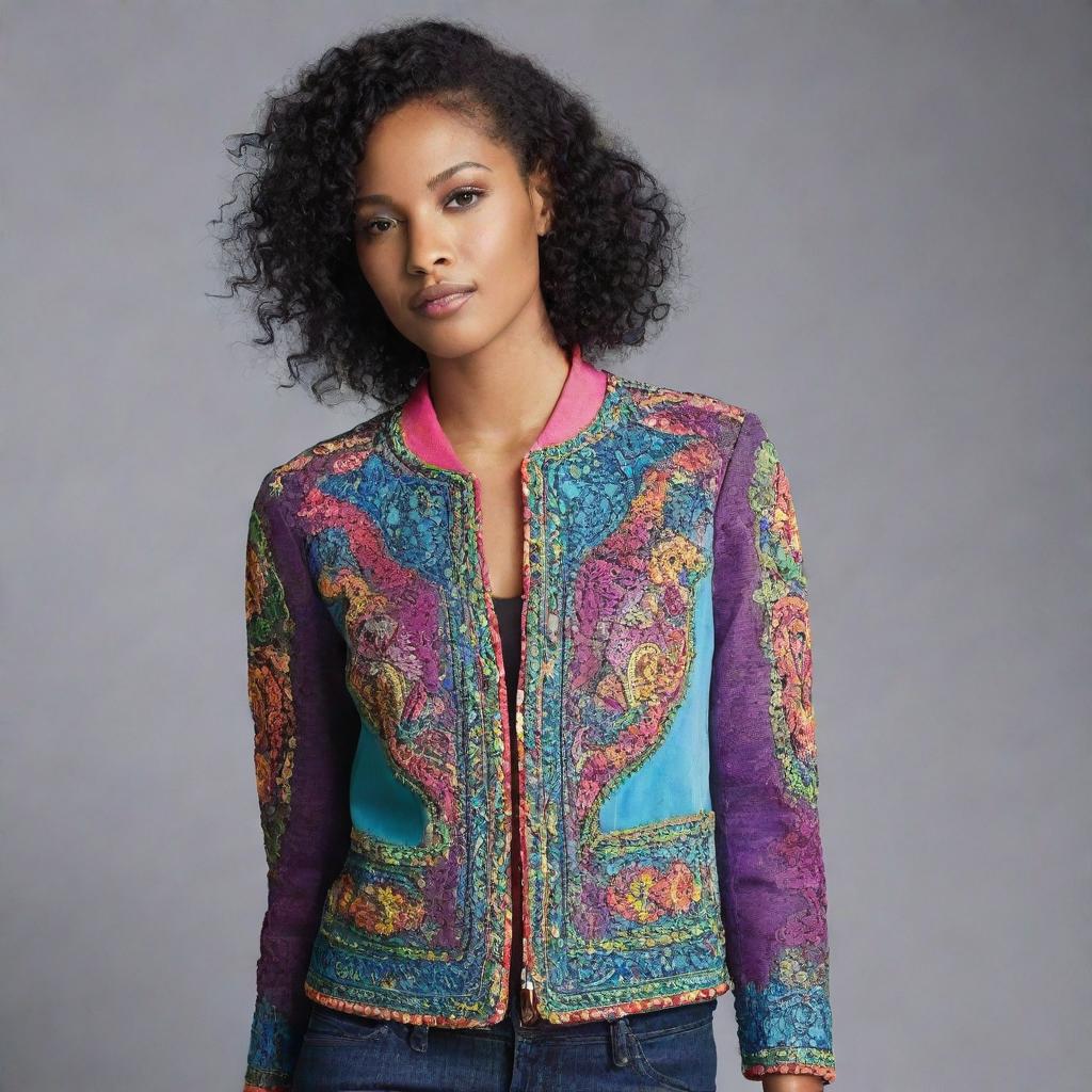 Design a stylish, modern jacket with intricate detailing and a splash of vibrant colors.