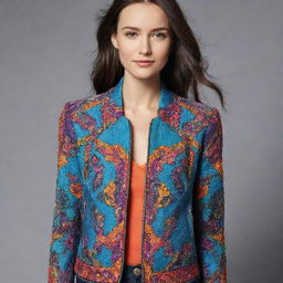 Design a stylish, modern jacket with intricate detailing and a splash of vibrant colors.