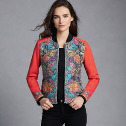 Design a stylish, modern jacket with intricate detailing and a splash of vibrant colors.