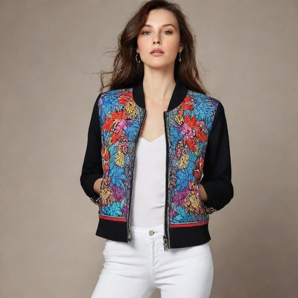 Design a stylish, modern jacket with intricate detailing and a splash of vibrant colors.