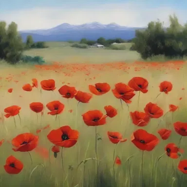 The painting featured a field of wind poppies, their bright red flowers adding a vivid pop of color to the landscape.