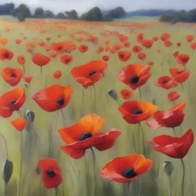 The painting featured a field of wind poppies, their bright red flowers adding a vivid pop of color to the landscape.